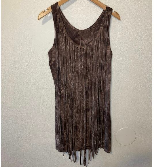 Y2K Boho Brown Tie Dye Scoop Neck Tank Top W/ Long Fringe Detailing Small - Picture 9 of 10
